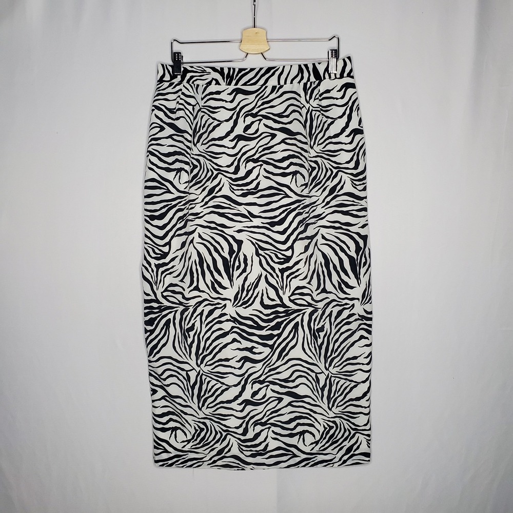 Vintage Zebra Midi Pencil Skirt Women 14W Black White Monochrome Lined 60s Y2K